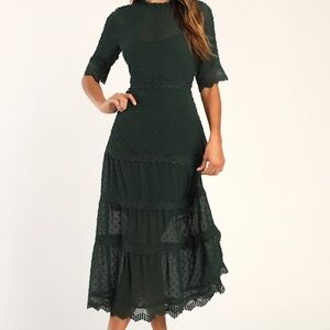 Lulus Dreaming Of You Emerald Green Swiss Dot Midi Dress - Size L